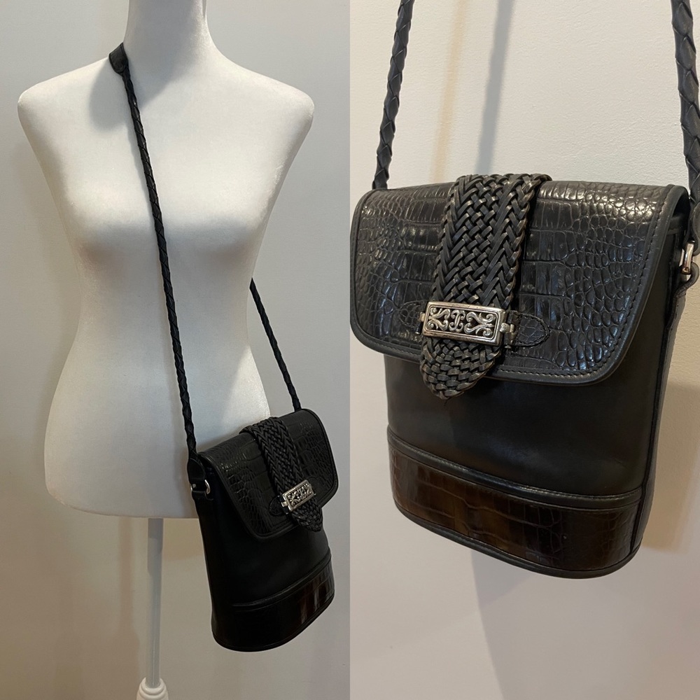 Vintage 90s Brighton Black Leather Bucket Crossbody with Silver Tone Hardware